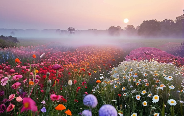 **

A vibrant, multimodal art installation featuring a field of flowers with faint, fragrant mist swirling around. Gentle lighting enhances the textures. Add subtle sound waves visually represented in the air. Soft focus, dreamlike atmosphere. Evoke a sense of wonder and discovery.

**