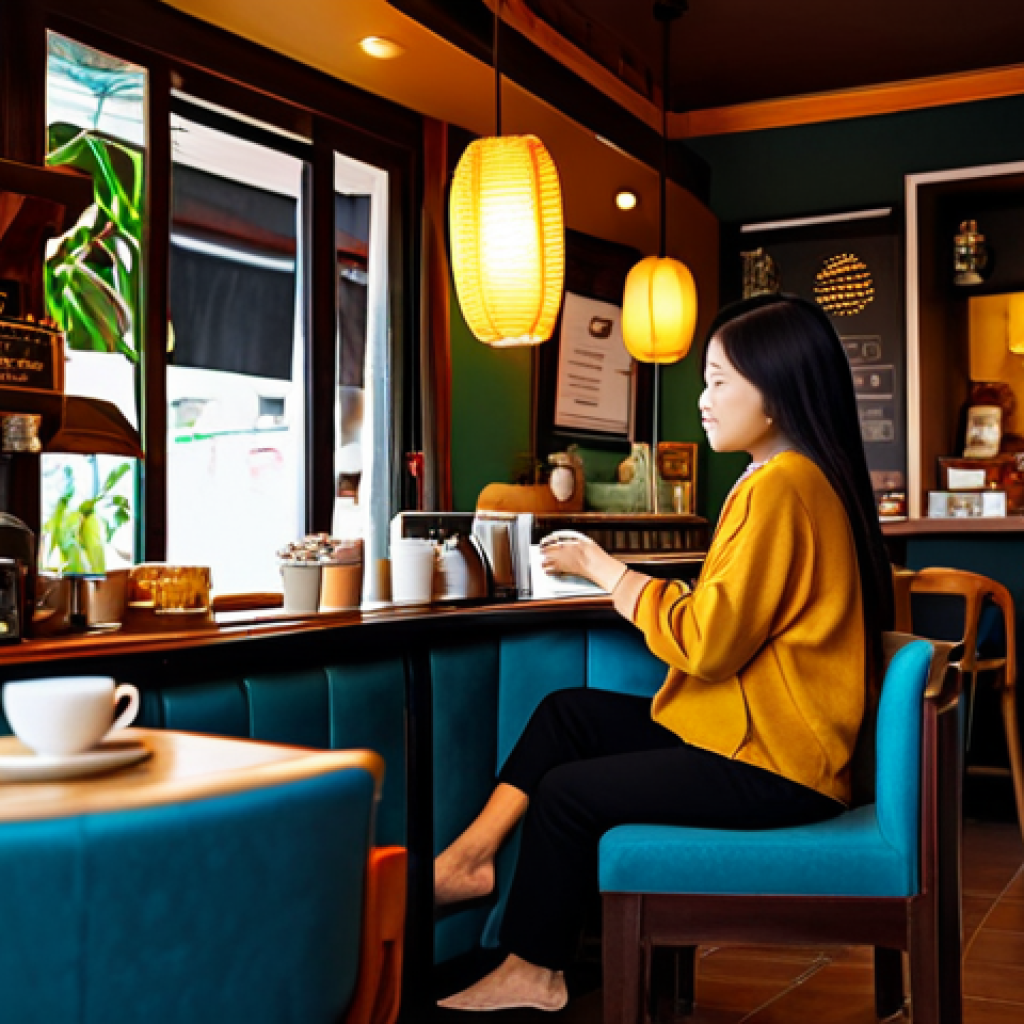 **
"A vibrant and inviting Thai coffee shop interior, filled with the aroma of freshly roasted coffee beans. Soft jazz music plays in the background. A fully clothed woman in modest, casual attire sits comfortably in a plush chair. The scene is lit with warm, inviting light. Perfect anatomy, correct proportions, natural pose, well-formed hands, proper finger count, natural body proportions, safe for work, appropriate content, fully clothed, professional, modest, family-friendly."
**