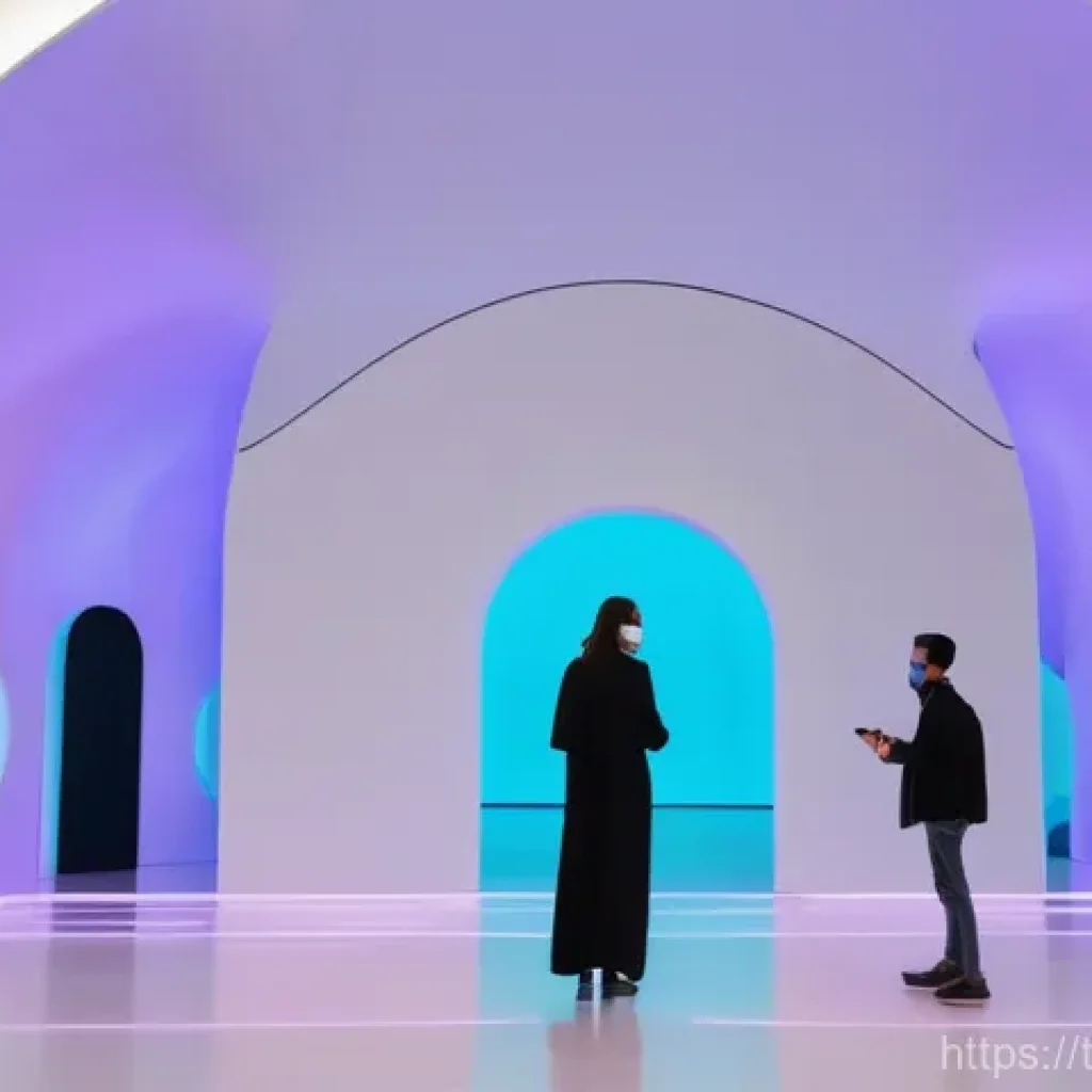 다감각 예술 경험 디자인에서의 고객 여정 맵핑 - **Prompt:** A dynamic, wide shot of a futuristic entrance to an immersive art exhibition. A diverse ...