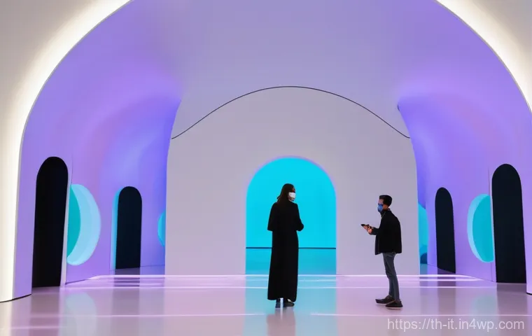 다감각 예술 경험 디자인에서의 고객 여정 맵핑 - **Prompt:** A dynamic, wide shot of a futuristic entrance to an immersive art exhibition. A diverse ...