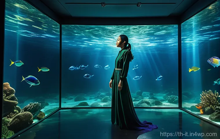 다감각 예술 경험 디자인을 위한 기술 활용 - **Immersive Underwater Art Experience:**
A captivating indoor shot of a young Thai woman (early ...