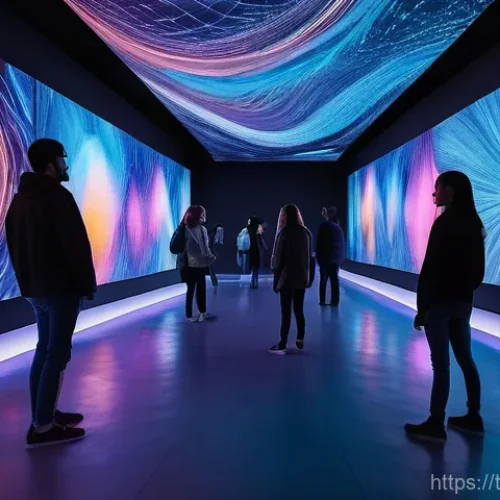 Home 31 다감각 예술 경험 디자인을 위한 콘텐츠 관리 시스템 - **Immersive Multi-Sensory Art Gallery Experience:**
A futuristic art gallery, brightly lit with ...