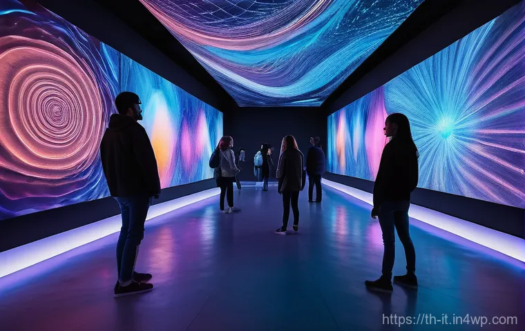 다감각 예술 경험 디자인을 위한 콘텐츠 관리 시스템 - **Immersive Multi-Sensory Art Gallery Experience:**
    A futuristic art gallery, brightly lit with ...