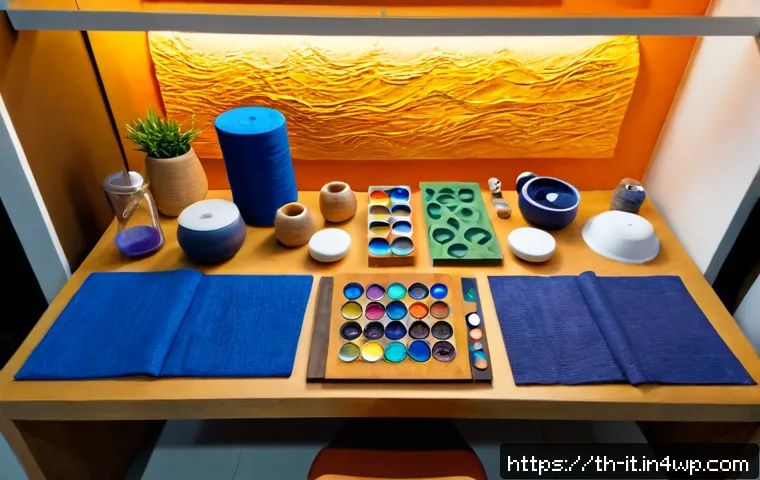 Home 17 다감각 예술 경험 디자인을 위한 필수 도구 - Photorealistic overhead view of a multisensory art design workspace in Bangkok, featuring neatly arr...